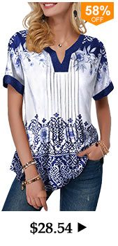 Retro Print Split Neck Pleated Blouse