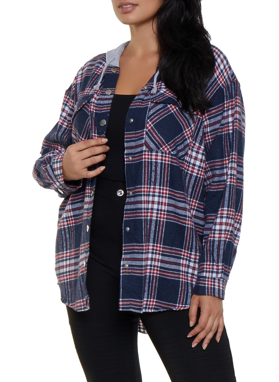 Plus Size Plaid Hooded Shirt