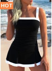 ROTITA Contrast Binding Black Patchwork Tankini Set