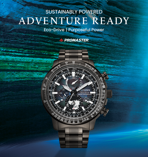 Sustainably Powered - Adventure Ready. Image of a striking black, Eco-Driven Pro Master watch with a underwater backdrop