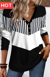 Black Button Geometric Print Long Sleeve T Shirt