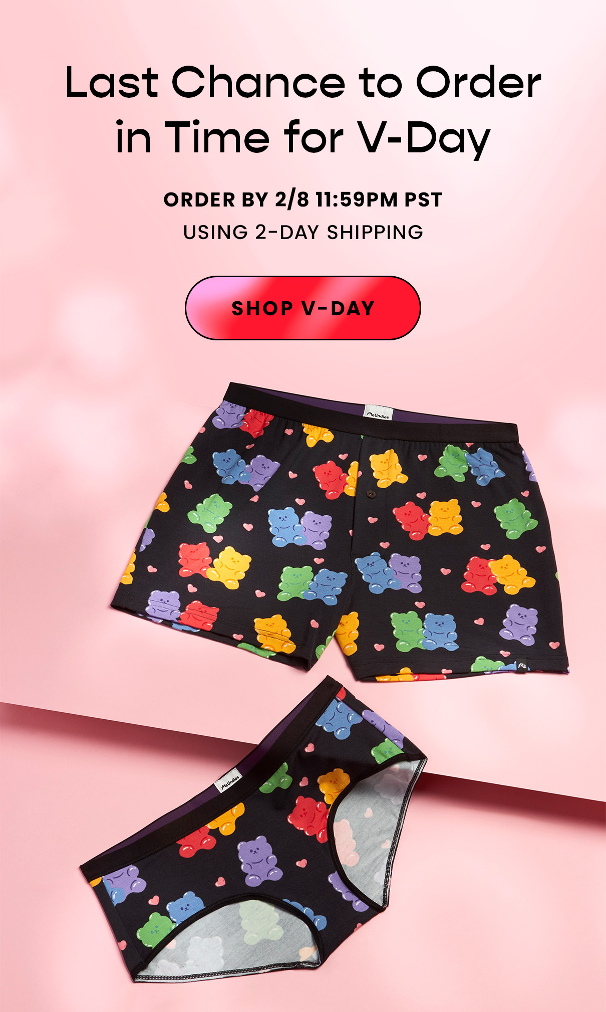 Headline: Spend $75+ For Free 2-Day Shipping Order by 2/8 CTA: Shop V-Day Fine Print: Offer applies for U.S. orders only. Must spend $75+ to redeem offer. Shipping not guaranteed to arrive before Valentine’s Day.