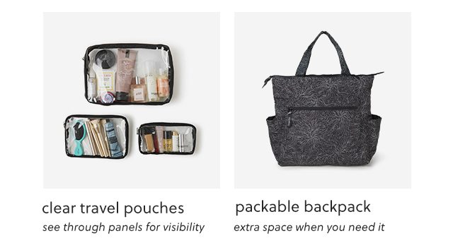 clear travel pouches, packable backpack