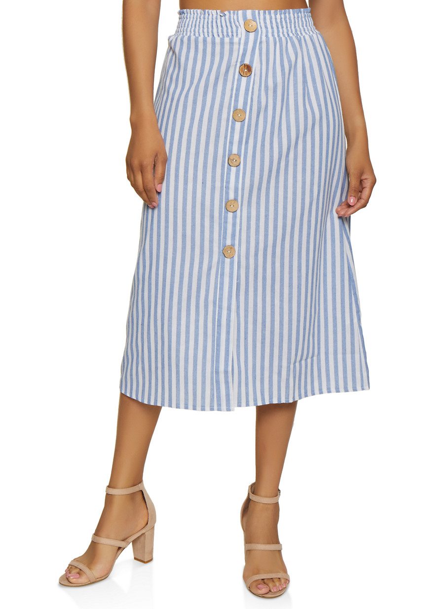 Striped Button Detail Midi Skirt