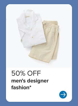 Image of a white shirt and beige shorts. 50% off men's designer fashion.