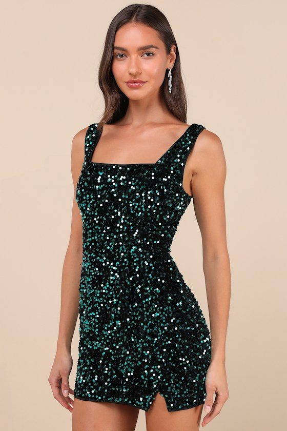 Image of Seeing Sparkles Teal Velvet Sequin Square Neck Mini Dress