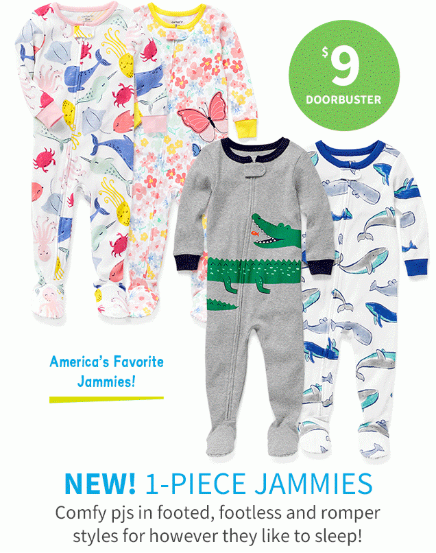 $9 DOORBUSTER | America's Favorite Jammies! | NEW! 1-PIECE JAMMIES | Comfy pjs in footed, footless and romper styles for however they like to sleep!