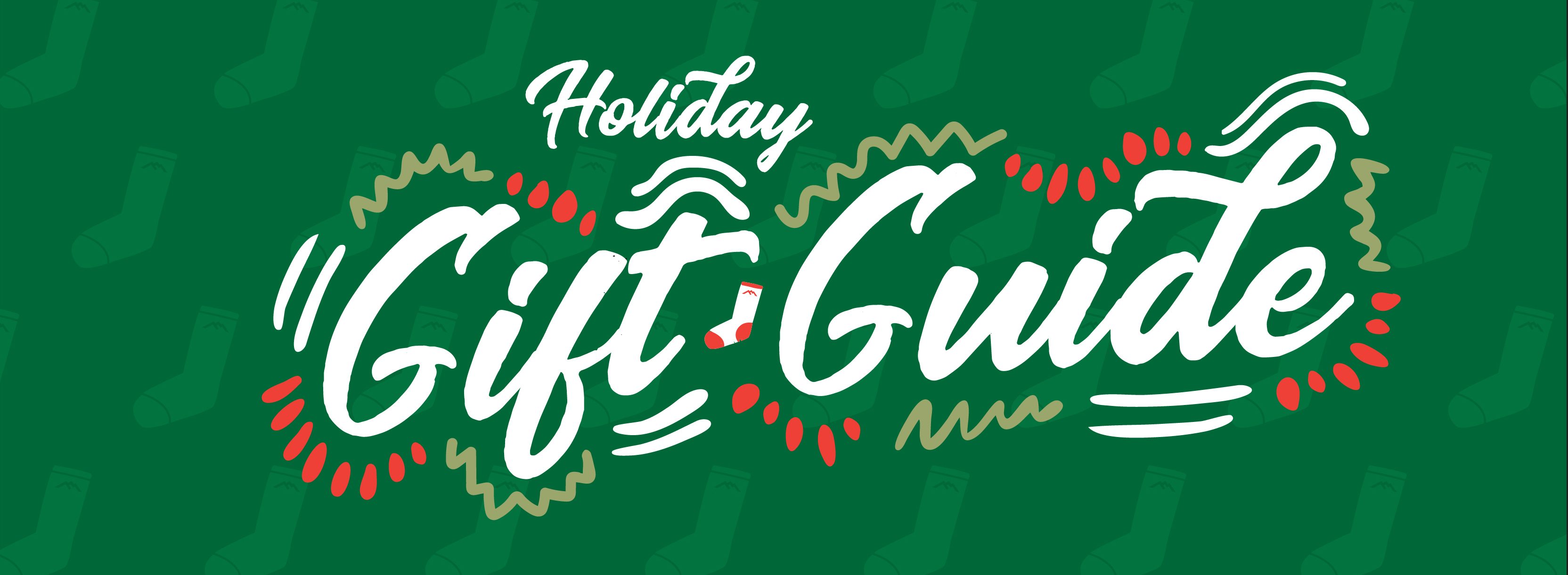 Image text reads "Holiday Gift Guide" in script over a green repeating sock silhouette background 