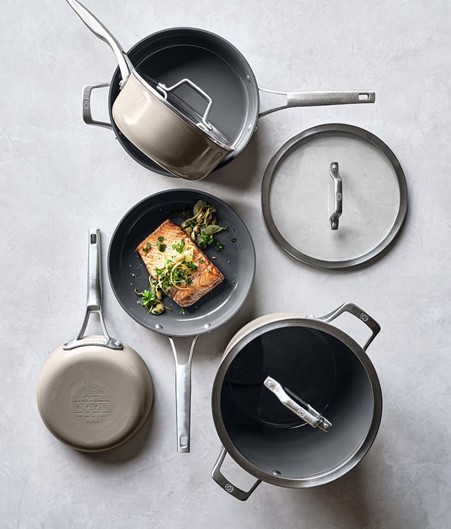 new! Calphalon ceramic cookware in taupe