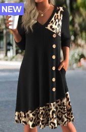 Black Button Leopard A Line 3/4 Sleeve Dress