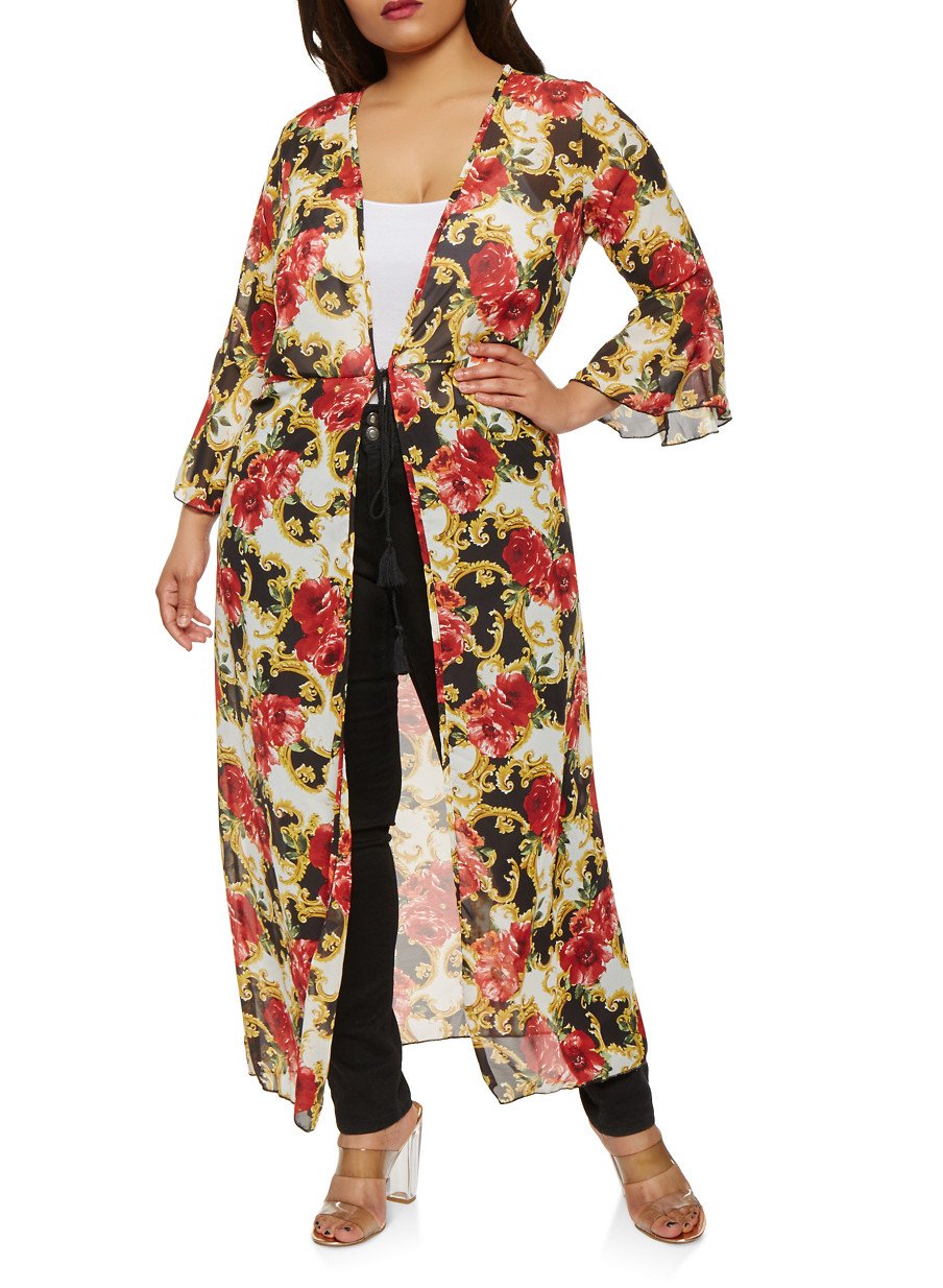 Plus Size Printed Bell Sleeve Duster