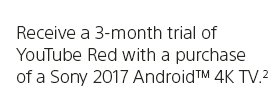 Receive a 3-month trial of YouTube Red with a purchase of a Sony 2017 Android(TM) 4K TV.(2)