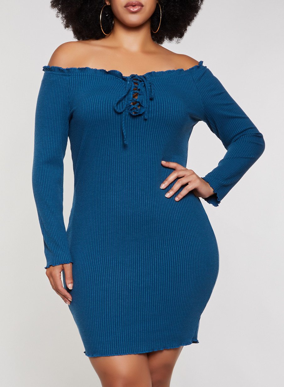 Plus Size Ribbed Off the Shoulder Lace Up Bodycon Dress