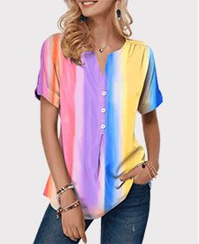 Split Neck Tie Dye Print Button Detail T Shirt