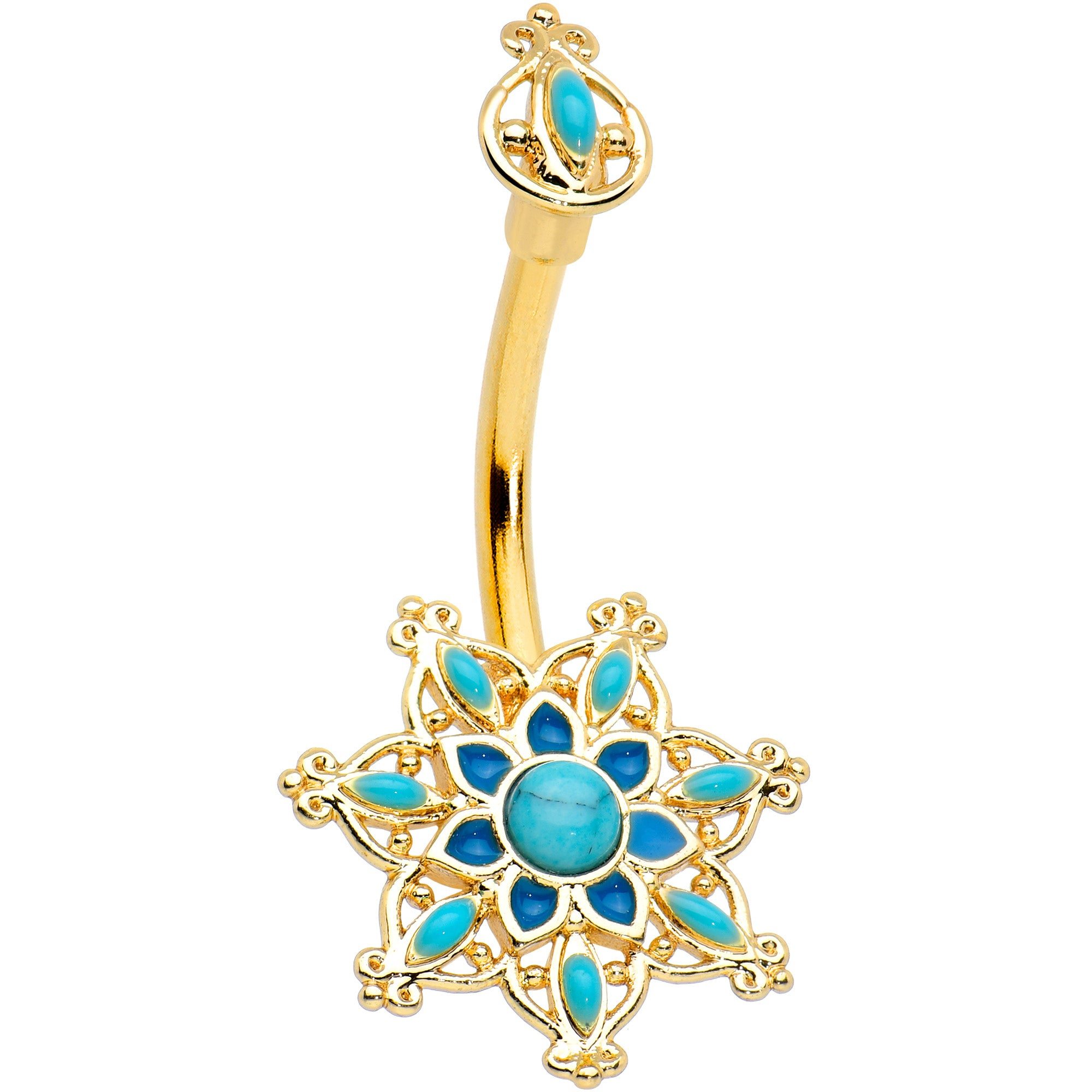 Image of Blue Turquoise Gold Tone Opulent Flower Double Mount Belly Ring