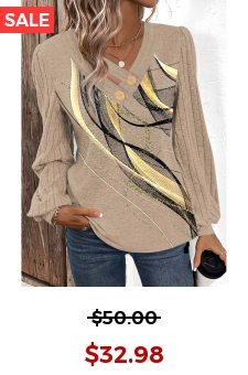 Light Camel Button Geometric Print Long Sleeve T Shirt