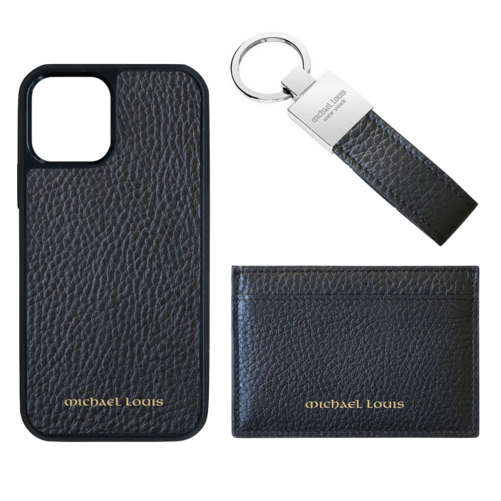 Image of Black Pebbled Leather Card Holder Set