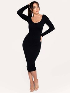 Femmes bodycon Robes noires Jewel Neck Casual manches longues Robe crayon Street Wear