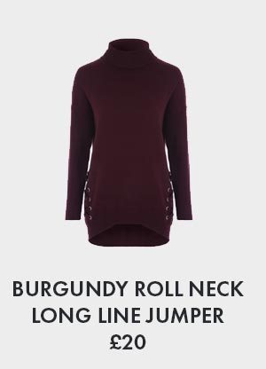 Burgundy Roll Neck Long Line Jumper