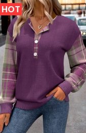 Purple Button Plaid Long Sleeve Split Neck Sweatshirt