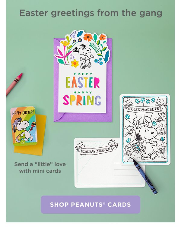 Wish them a happy day with playful Easter cards featuring the Peanuts gang.