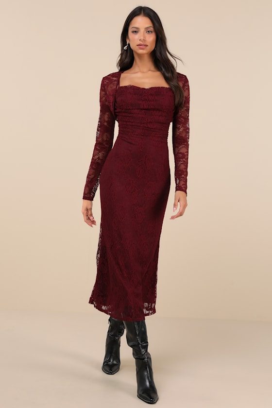 Image of Certainly Iconic Burgundy Lace Midi Dress and Shrug Set