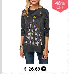 Button Embellished Penguin Print Long Sleeve Christmas T Shirt