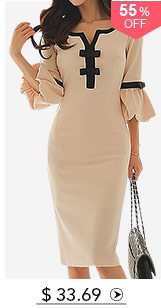 Flare Sleeve Bowknot Embellished Split Neck Beige Dress