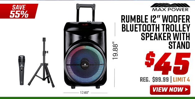 Max Power Rumble 12'' Woofer Bluetooth Trolley Speaker with stand