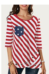 Flag Print Three Quarter Sleeve Red T Shirt