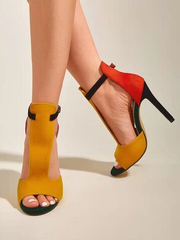 Fashion Colorblock T-strap High Heels
