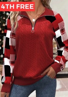 Red Patchwork Plaid Long Sleeve Turn Down Collar Sweatshirt