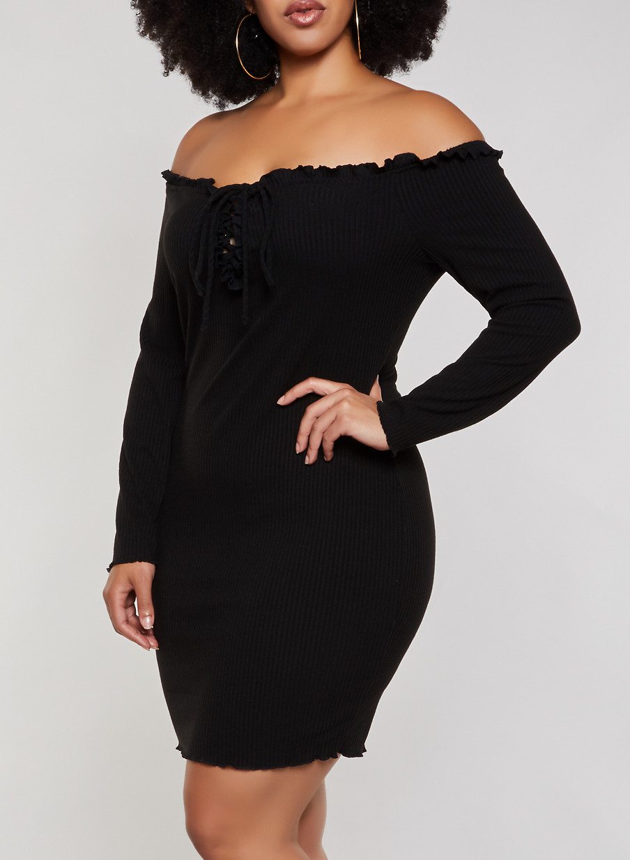 Plus Size Ribbed Off the Shoulder Lace Up Bodycon Dress