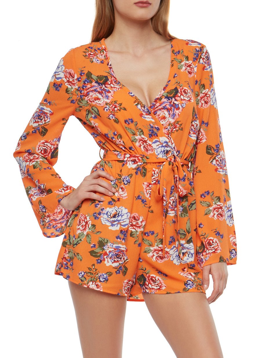 Floral Faux Wrap Crepe Knit Romper