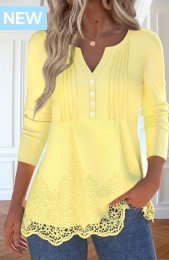 ROTITA Embroidery Light Yellow Split Neck Long Sleeve T Shirt