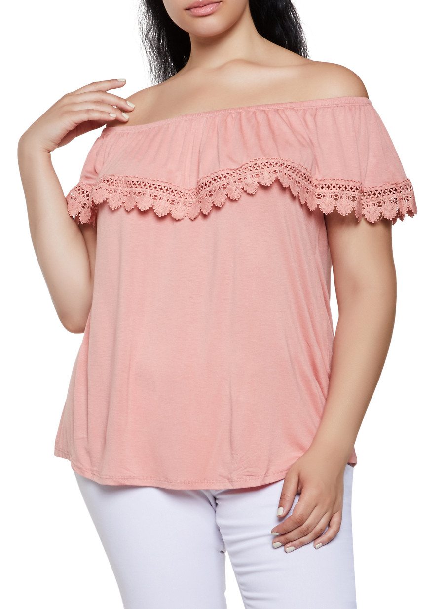 Plus Size Crochet Trim Ruffle Off the Shoulder Top