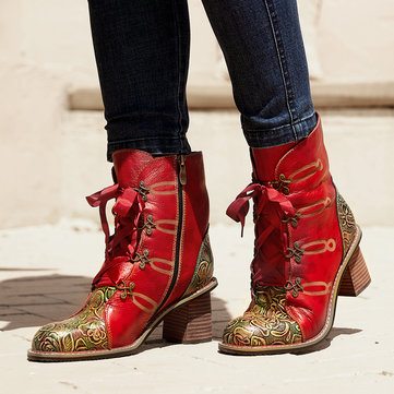  SOCOFY Retro Printed Rose Ankle Boots
