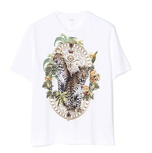 CAMILLA mens white tshirt with leopards and greenery