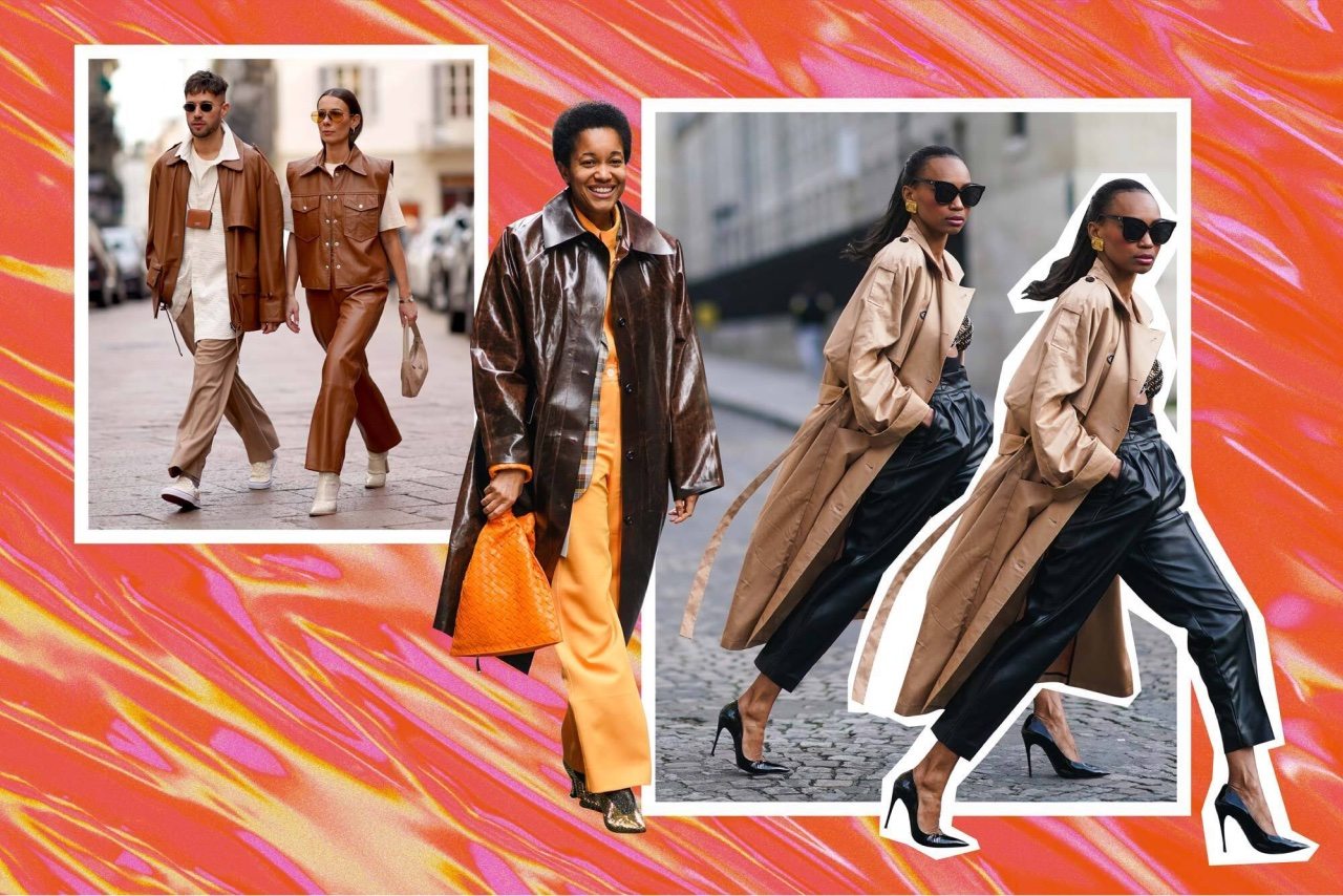 Cut up images of models wearing leather jackets walking on a street over a colorful background.