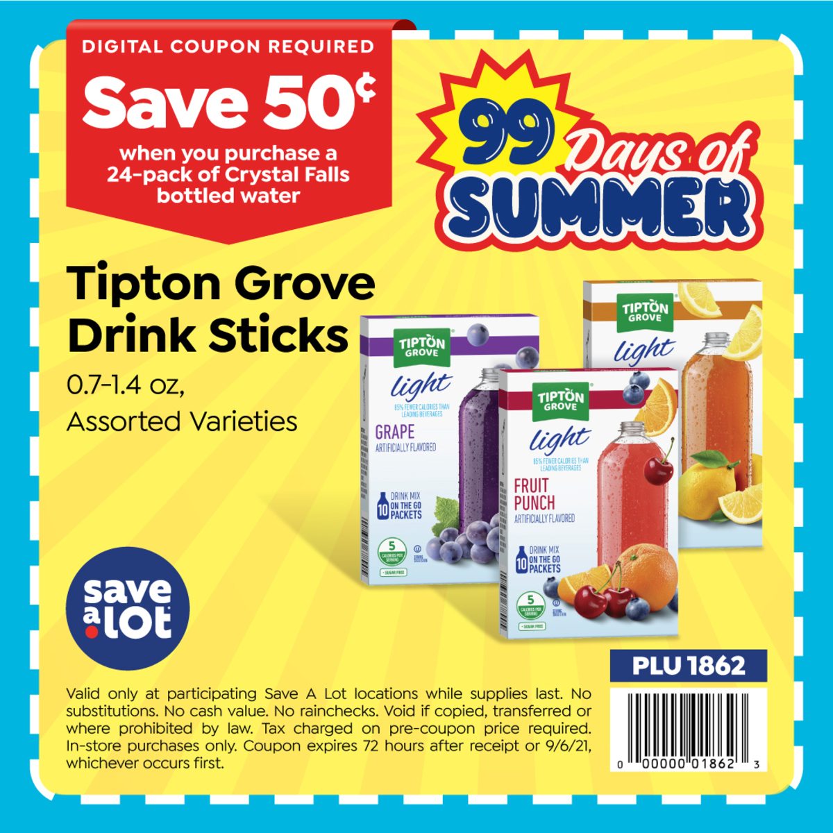 Thristy? Save 50¢ of Tipton Grove Drink Sticks when you purchase a 24-pack of Crystal Falls bottled water at Save A Lot!