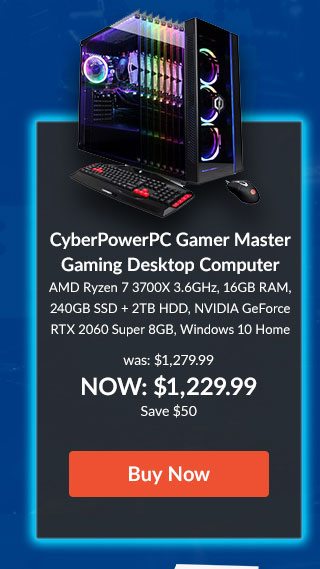 CyberPowerPC Gamer Master Gaming Desktop Computer AMD Ryzen 7 3700X 3.6GHz, 16GB RAM, 240GB SSD + 2TB HDD, NVIDIA GeForce RTX 2060 Super 8GB, Windows 10 Home