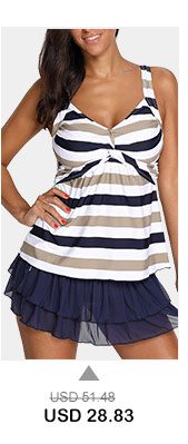 Twist Front Striped Navy Blue Tankini Top and Pantskirt