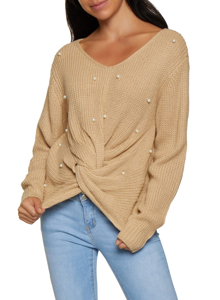 Twist Front Faux Pearl Studded Sweater