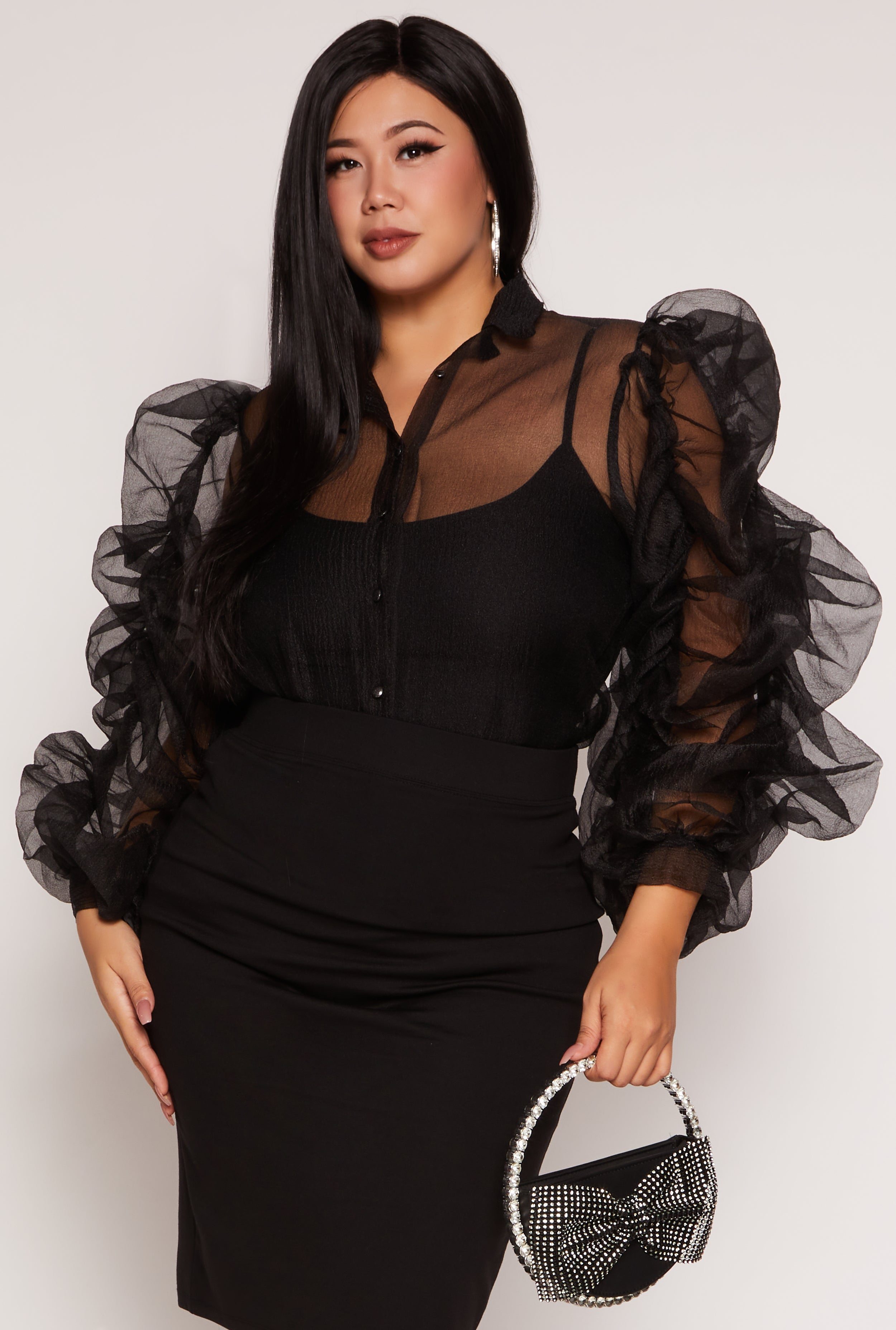 Plus Size Organza Ruched Sleeve Button Front Blouse