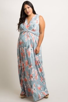 Light Blue Floral Sleeveless Knot Front Plus Maternity Maxi Dress