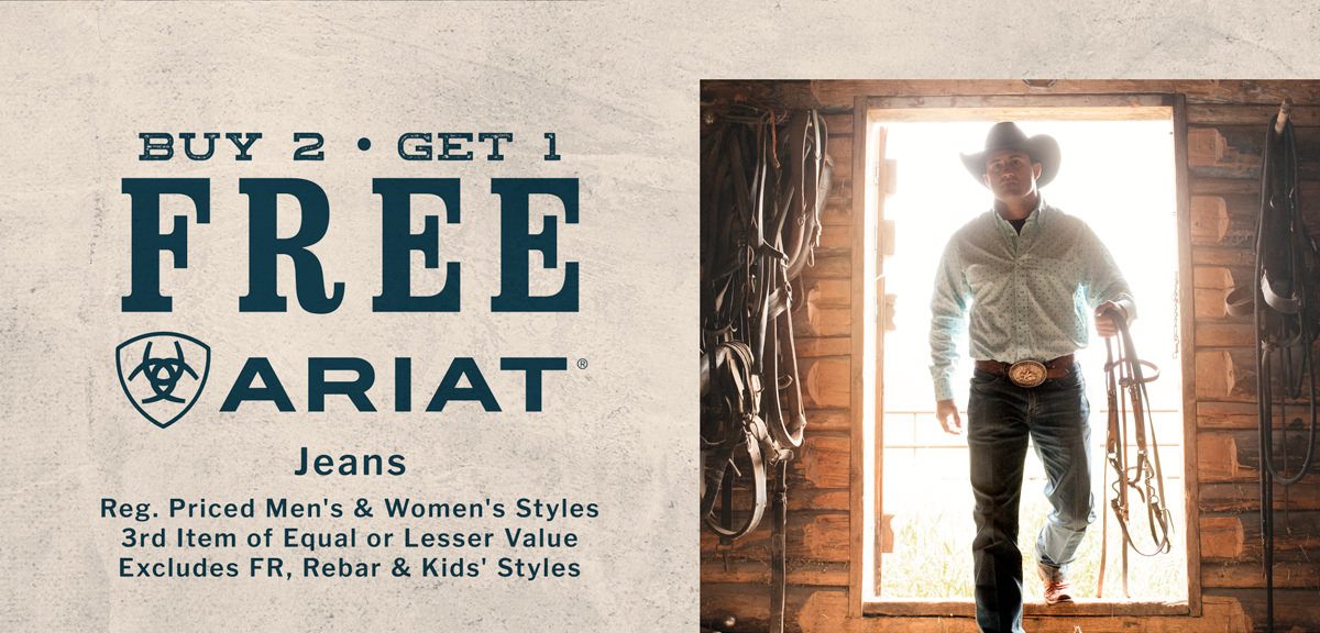 Buy 2 Get 1 Free Ariat Jeans - Reg. Priced Men's & Women's Styles - 3rd Item of equal or Lesser Value - Excludes FR, Rebar & Kids' Styles