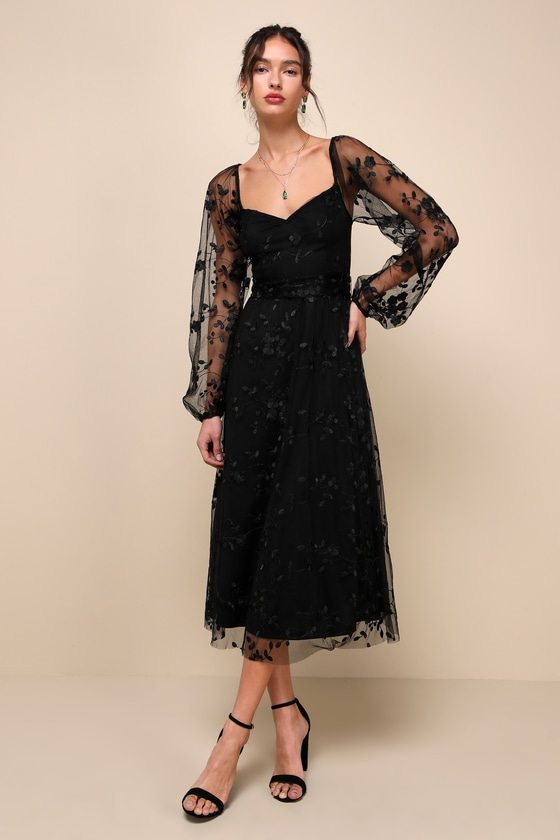 Image of Darling Charisma Black Mesh Embroidered Midi Dress