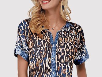 Leopard Print Split Neck Button Front Blouse
