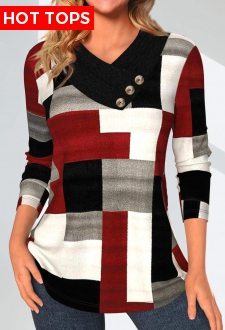 Geometric Print Patchwork Wine Red Asymmetrical Neck Sweatshirt