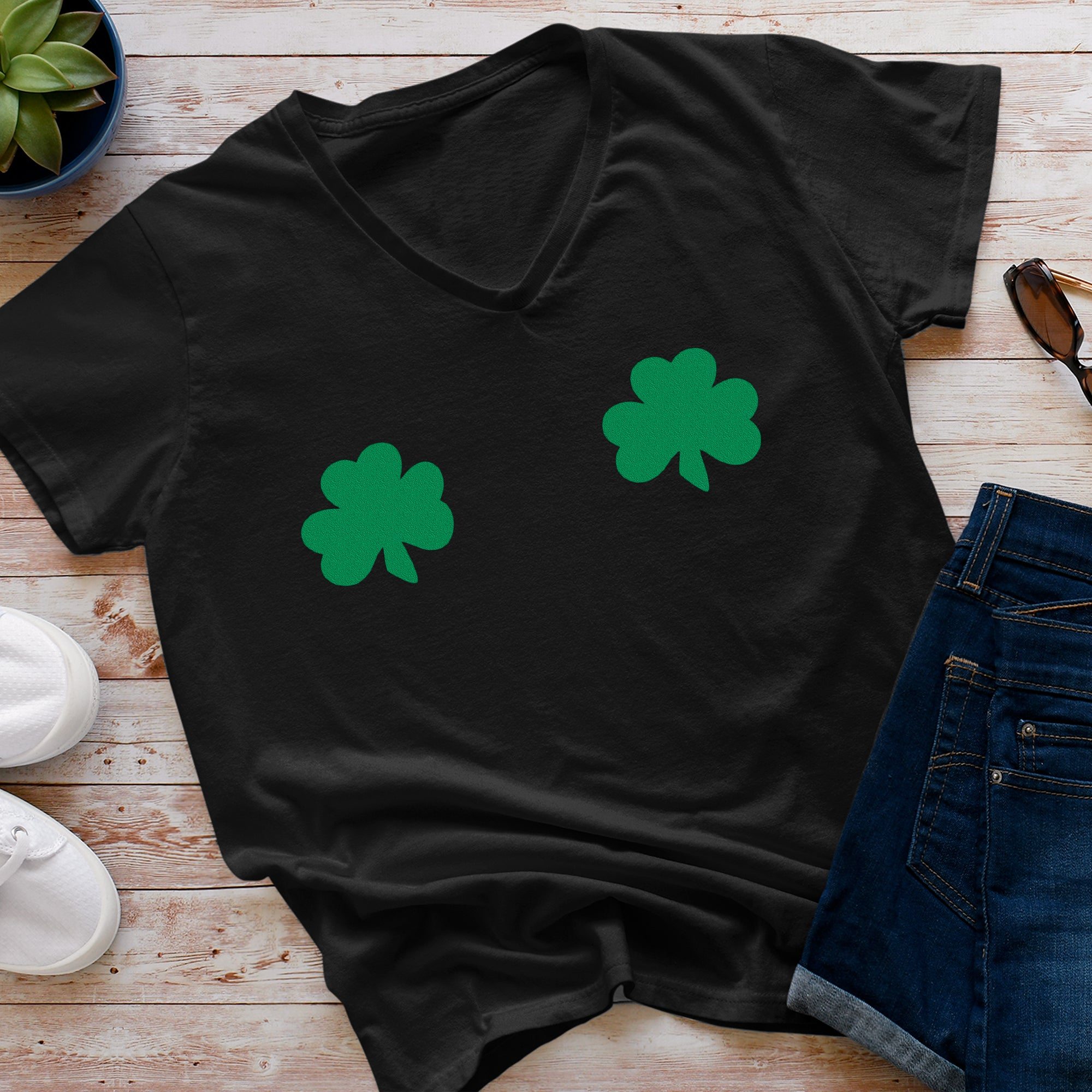 Image of Lucky Green Shamrocks Black V-Neck Tee Shirt